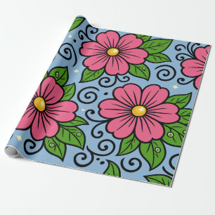 Papier Cadeau Fleurs roses avec feuilles vertes et détails courb