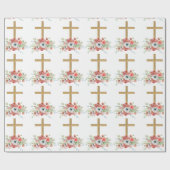 Papier Cadeau Fleurs roses Brown Croix religieuse Pâques (Plat)