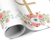 Papier Cadeau Fleurs roses Brown Croix religieuse Pâques (Coin rond)