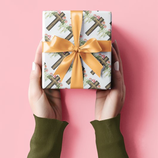 Papier Cadeau Fleurs roses Brown Croix religieuse Pâques