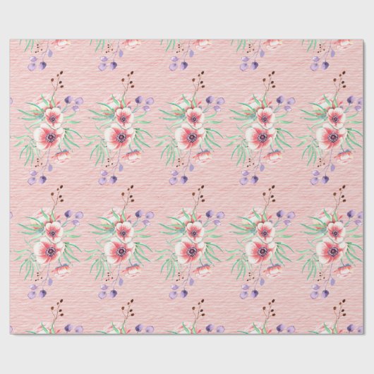 Papier Cadeau Fleurs roses de pêche sur un papier texturé de bra (Plat)
