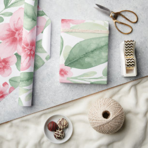 Papier Cadeau Fleurs roses délicates avec feuilles vertes sur fo