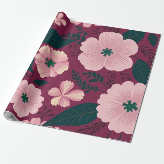 Papier Cadeau Fleurs roses douces sur fond marron profond (Déroulé)