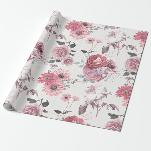 Papier Cadeau Fleurs roses et argentées (Déroulé)