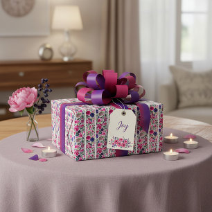 Papier Cadeau Fleurs roses et bleues à l'aquarelle et rayures bl