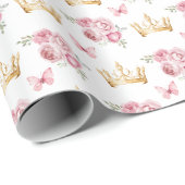 Papier Cadeau Fleurs roses et couronnes dorées (Coin rond)