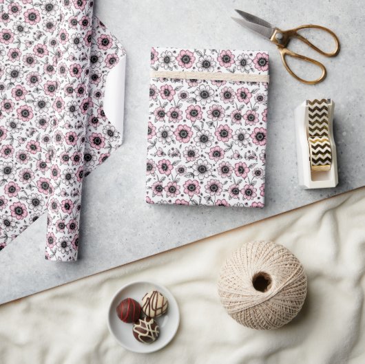 Papier Cadeau Fleurs roses et dessin feuille (Artisanat)