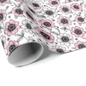 Papier Cadeau Fleurs roses et dessin feuille (Coin rond)