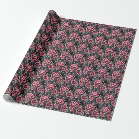 Papier Cadeau Fleurs roses et grises (Déroulé)