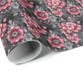 Papier Cadeau Fleurs roses et grises (Coin rond)