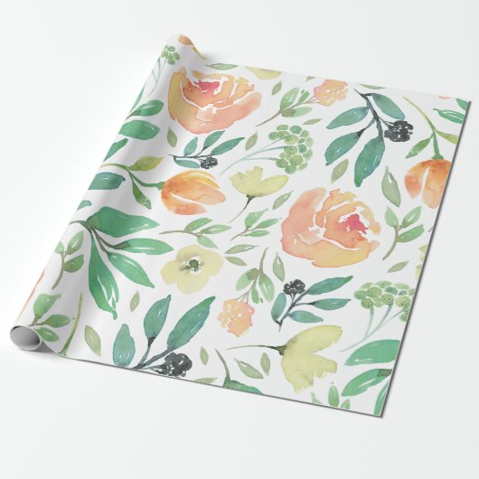 Papier Cadeau Fleurs roses et jaunes Aquarelles Patter sans cout (Déroulé)