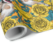 Papier Cadeau Fleurs roses et oiseaux dorés (Coin rond)