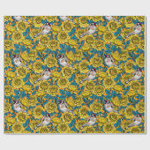 Papier Cadeau Fleurs roses et oiseaux dorés (Plat)