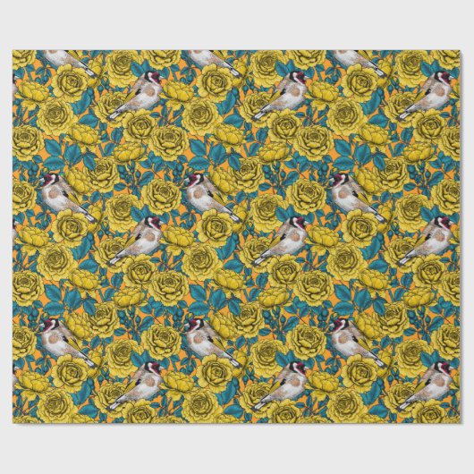 Papier Cadeau Fleurs roses et oiseaux dorés (Plat)