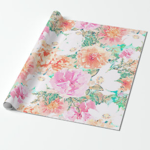 Papier Cadeau Fleurs roses et oranges Aquarelle Peinture