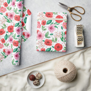 Papier Cadeau Fleurs roses et points Confetti roses de printemps