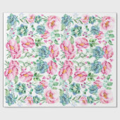 Papier Cadeau fleurs roses et succulentes aquarelle botanique (Plat)