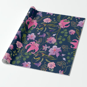 Papier Cadeau Fleurs roses et violettes avec des feuilles verts