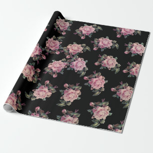 Papier Cadeau Fleurs roses foncées motif floral shabby chic fête