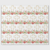 Papier Cadeau Fleurs roses Gold Croix religieuse Pâques (Plat)
