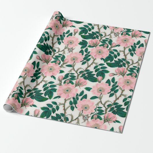 Papier Cadeau Fleurs Roses roses et Motif Feuille vert (Déroulé)