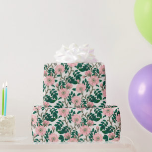 Papier Cadeau Fleurs Roses roses et Motif Feuille vert