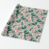 Papier Cadeau Fleurs Roses roses et Motif Feuille vert (Déroulé)