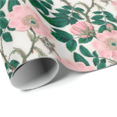 Papier Cadeau Fleurs Roses roses et Motif Feuille vert (Coin rond)