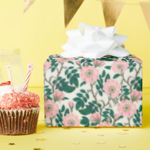 Papier Cadeau Fleurs Roses roses et Motif Feuille vert