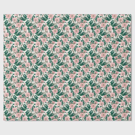 Papier Cadeau Fleurs Roses roses et Motif Feuille vert (Plat)