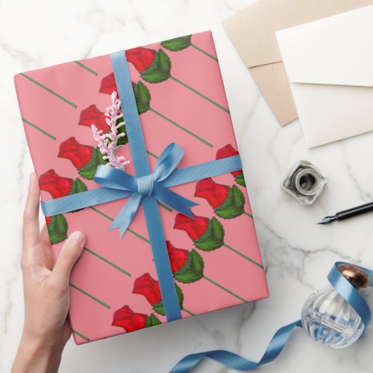 Papier Cadeau Fleurs Roses roses rouges à longue tige Saint-Vale (Cadeaux)