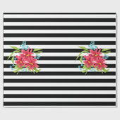 Papier Cadeau Fleurs roses sans joint floral noir blanc rayé l (Plat)