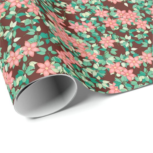 Papier Cadeau Fleurs roses sur fond chocolat (Coin rond)