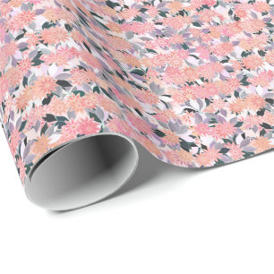 Papier Cadeau Fleurs roses sur fond de feuilles argentées