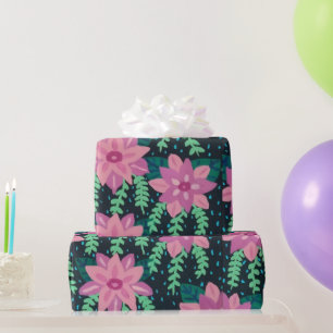 Papier Cadeau Fleurs roses sur impression noire