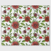 Papier Cadeau Fleurs rouges abstraites et feuilles verts sur fon (Plat)
