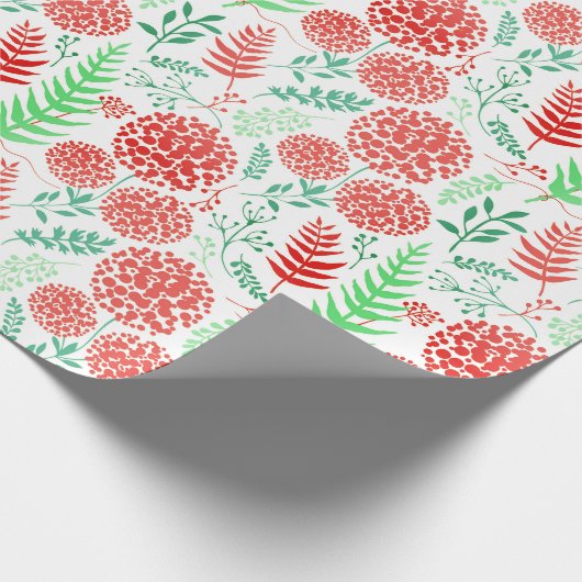 Papier Cadeau Fleurs rouges arrondies vert feuille motif (Coin)