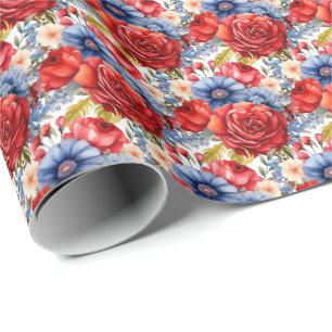 Papier Cadeau Fleurs rouges, blanches et bleues patriotiques