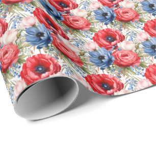 Papier Cadeau Fleurs rouges, blanches et bleues patriotiques