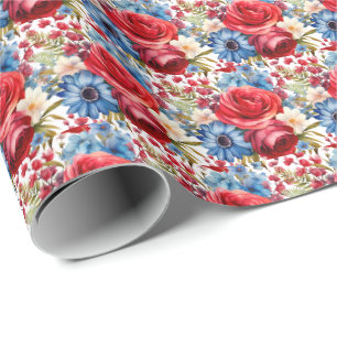 Papier Cadeau Fleurs rouges, blanches et bleues patriotiques