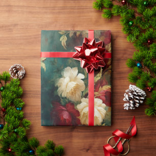 Papier Cadeau Fleurs rouges blanches vertes en or