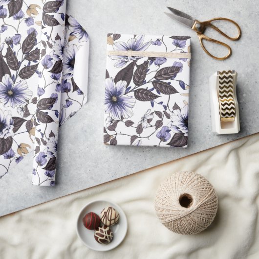Papier Cadeau Fleurs rouges bleu clair continu motif (Artisanat)