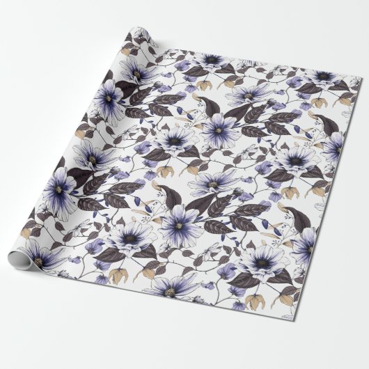 Papier Cadeau Fleurs rouges bleu clair continu motif (Déroulé)