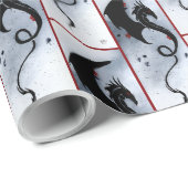 Papier Cadeau Fleurs rouges bleues Dragon noir (Coin rond)