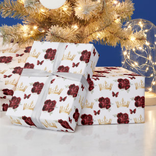 Papier Cadeau Fleurs rouges de Bourgogne et couronnes dorées