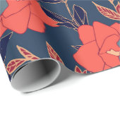 Papier Cadeau Fleurs rouges de roses et pivoines avec feuilles e (Coin rond)