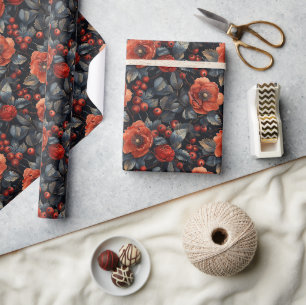 Papier Cadeau Fleurs rouges en noir