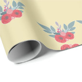 Papier Cadeau Fleurs rouges et feuilles verts sur marron (Coin rond)