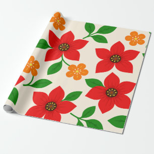 Papier Cadeau Fleurs rouges et oranges avec feuilles vertes