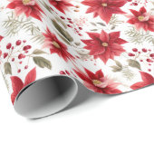 Papier Cadeau Fleurs rouges Poinsettia Berries de Noël (Coin rond)